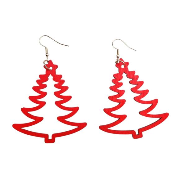 Christmas Tree Earrings Red Wood - Picture 6 of 6